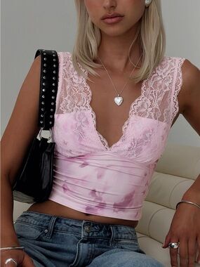 Princess Polly Pink Lace V-Neck Tie-Dye Crop Top